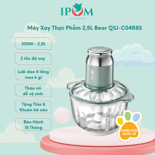 Máy Xay Thịt Bear 2.5L Đa Năng Xay Tỏi Ớt, Xay Đồ Ăn Dặm Cho Bé Động Cơ Mạnh Mẽ - QSJ-C04R8S - Hàng Chính Hãng Bảo Hành 18 Tháng