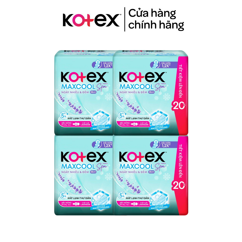 Combo 4 Gói Băng Vệ Sinh Kotex Maxcool French Spa Ngày Nhiều &amp; Đêm Siêu Mỏng Cánh 28cm 14 miếng