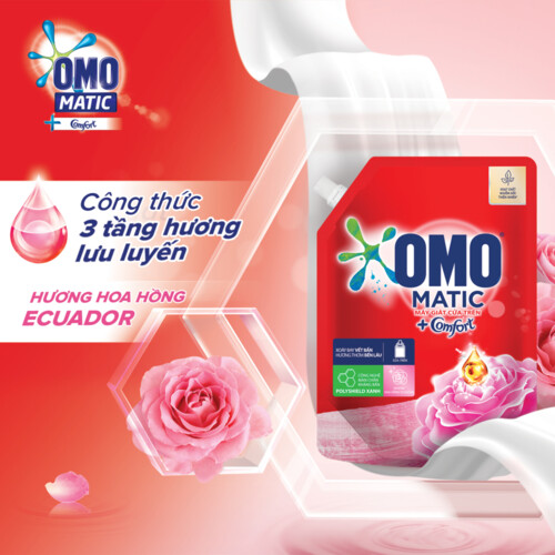 Túi Nước giặt OMO Matic Comfort Hương Hoa Hồng Ecuador cho máy giặt cửa trên 3.6kg