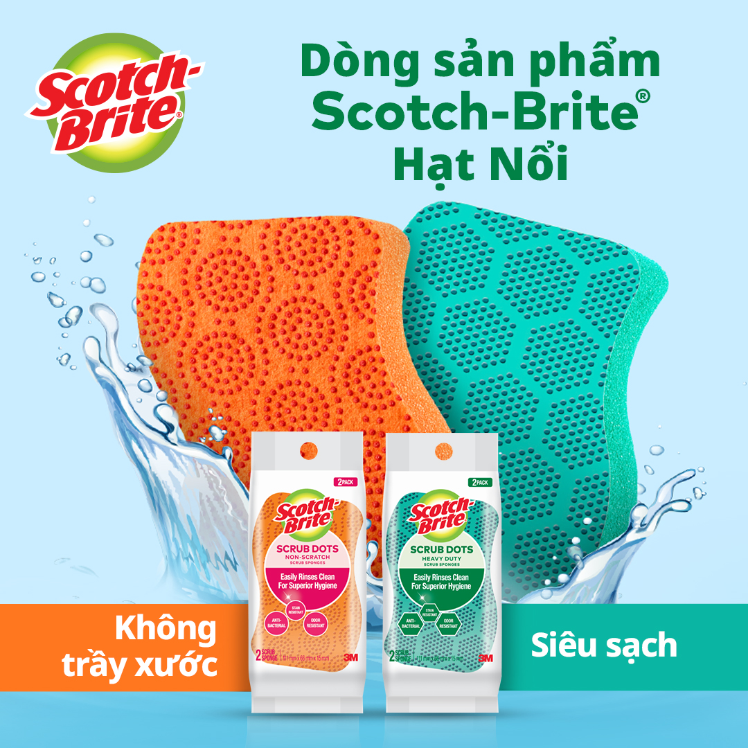 Hình ảnh Miếng rửa chén hạt nổi siêu sạch Scotch Brite 3M đa năng, công nghệ độc quyền mới, mút kháng khuẩn ngăn vi trùng, không gây mùi, không bám cặn bẩn, dễ dàng vệ sinh (Màu cam/ Màu xanh lục)