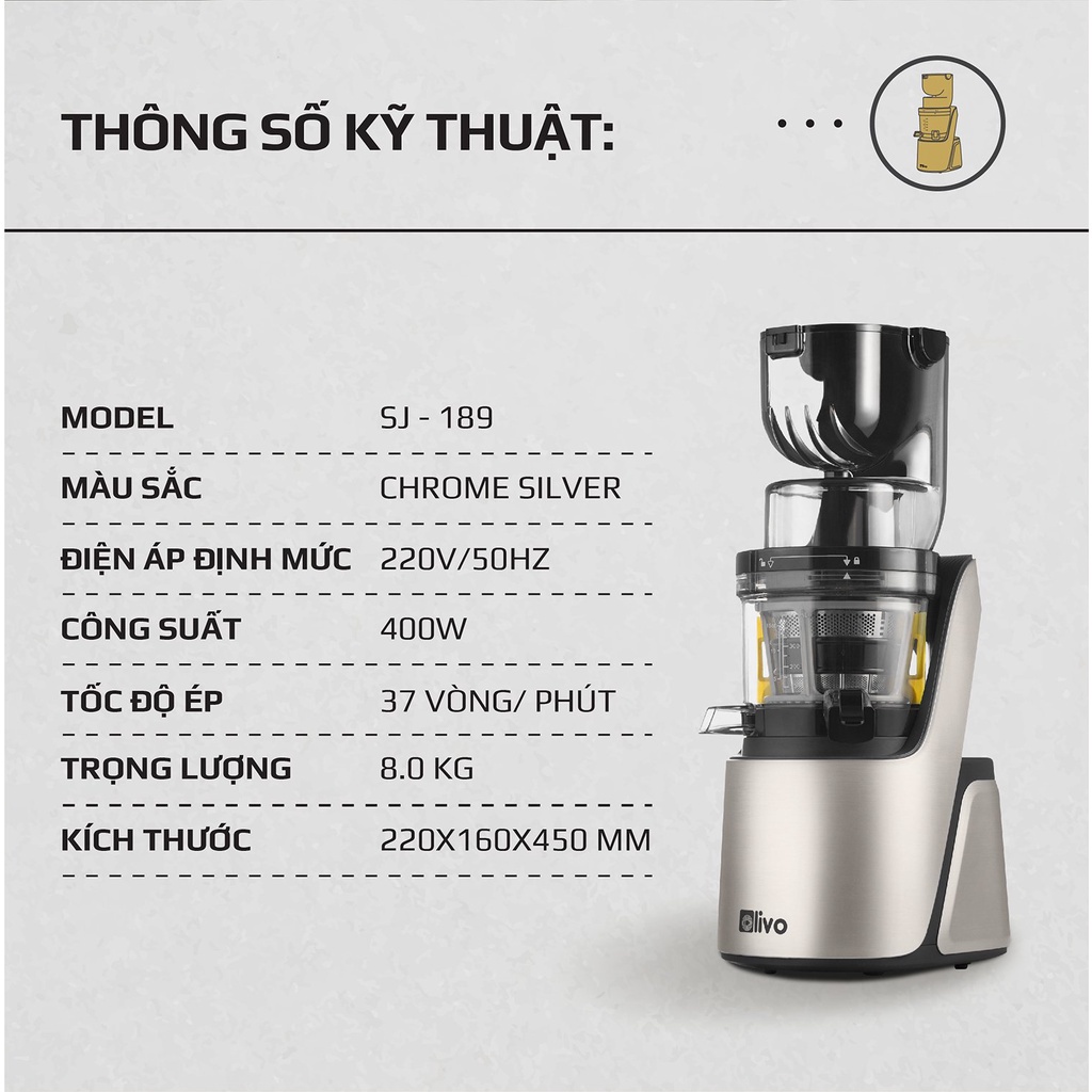 Máy Ép Chậm OLIVO SJ189 Máy Ép Trái Cây Dung Tích Lớn 600ml Kiệt Bã Tới 98% Thương Hiệu Mỹ - Hàng chính hãng Olivo