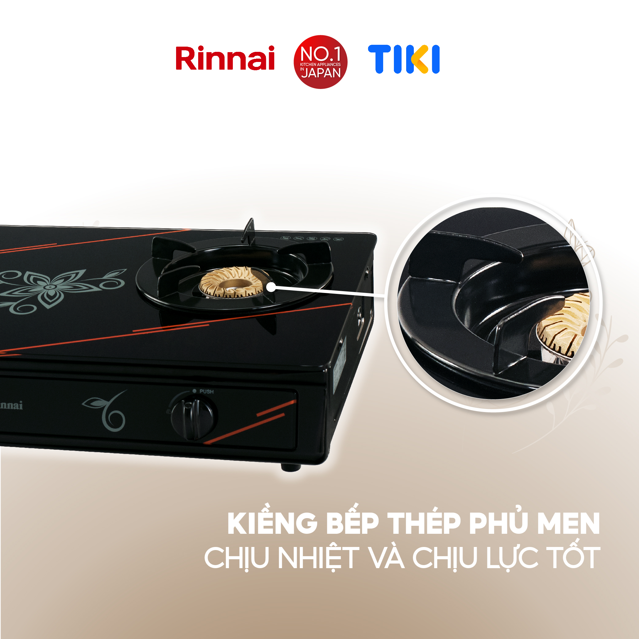 Bếp gas dương Rinnai RV-3615GL(FM) mặt bếp kính và kiềng bếp men - Hàng chính hãng.