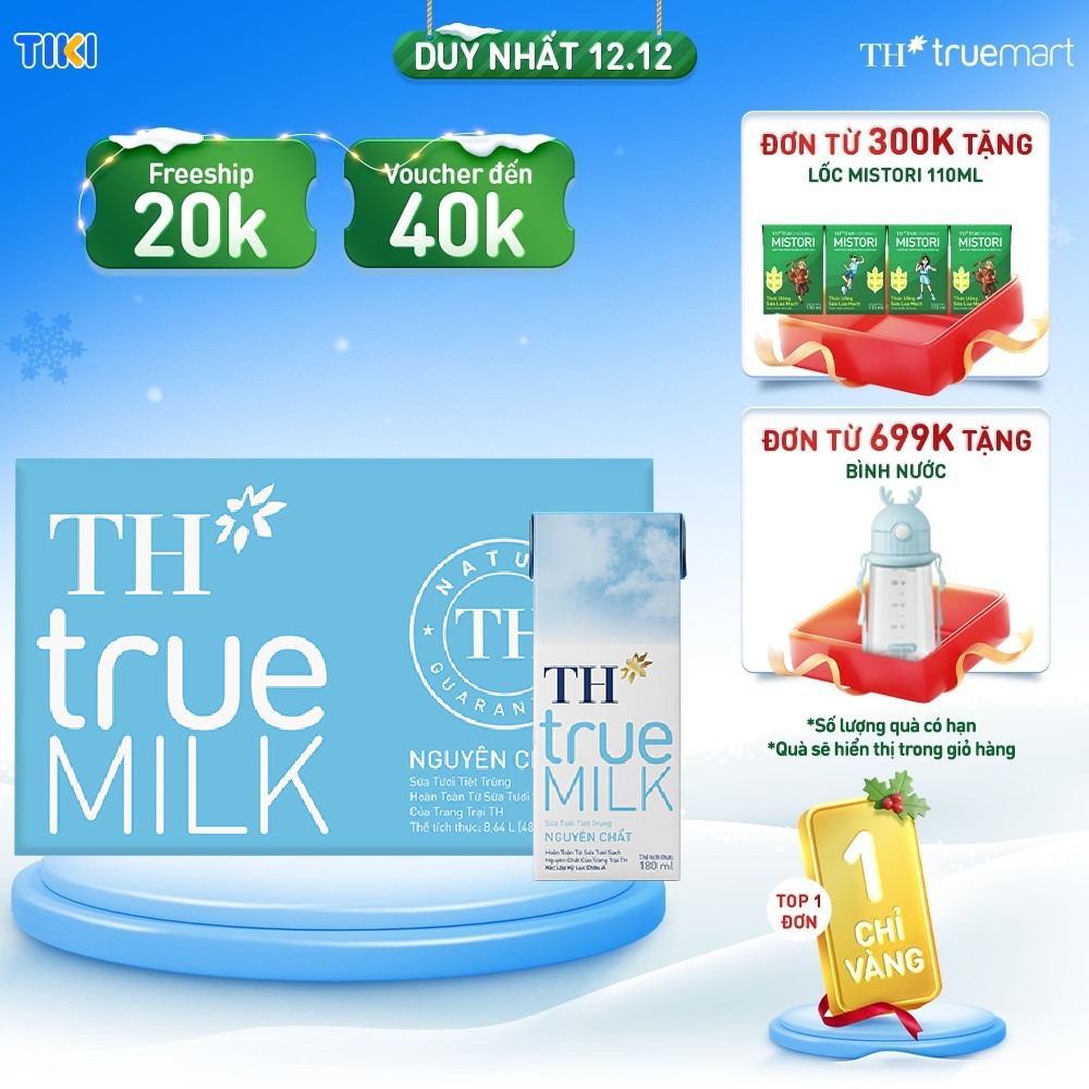 Thùng 48 hộp sữa tươi tiệt trùng nguyên chất TH True Milk 180ml (180ml x 48)