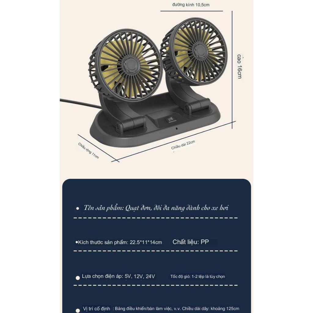 Quạt ô tô đơn và đôi xoay 360 gió mạnh kèm biển để số điện thoại dành cho xe hơi, quạt 5v/12v/24v - Đơn