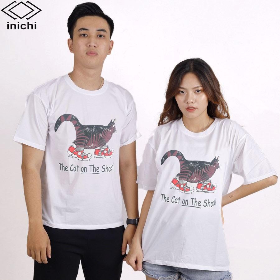Áo thun INICHI unisex tay lỡ form rộng phong cách, in hình chú mèo ngố mang giày - IC651