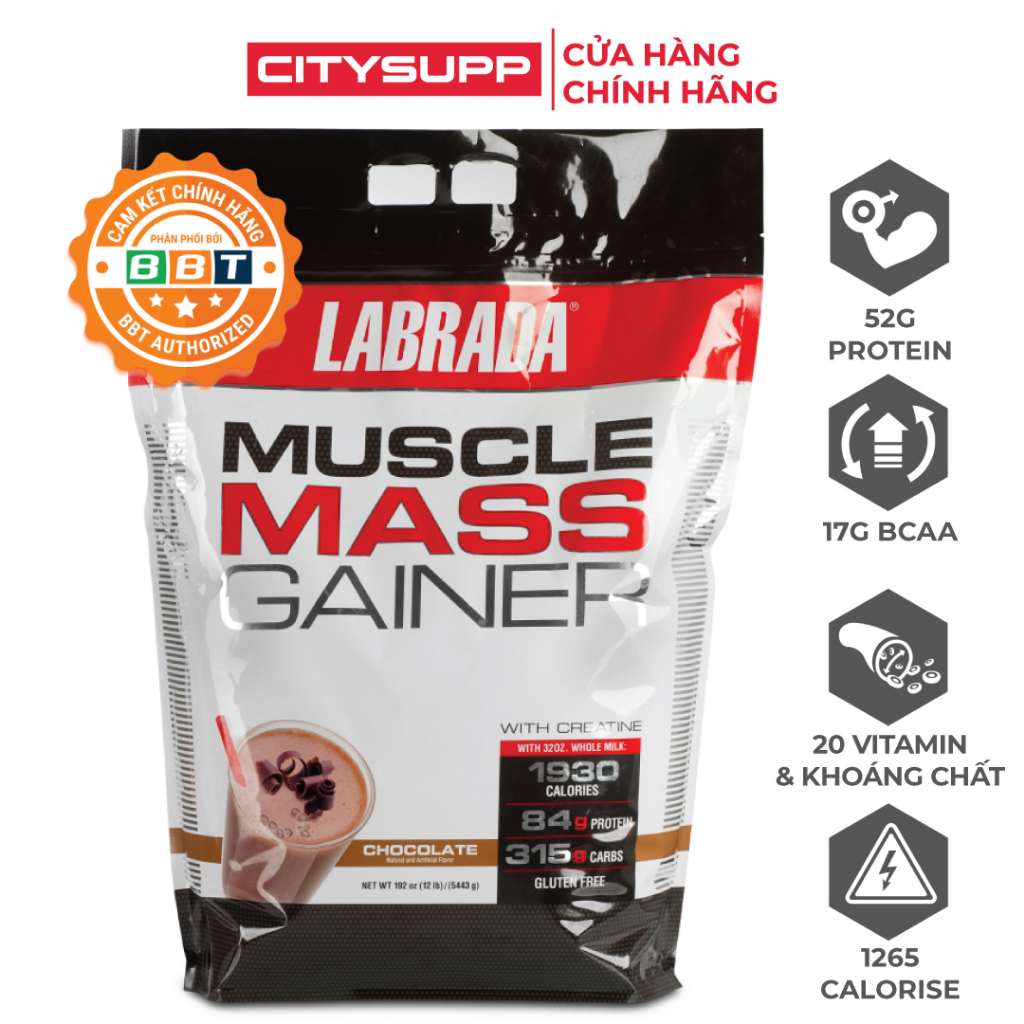 Labrada Muscle Mass Gainer 5.4Kg, Sữa Hỗ Trợ Tăng Cân &Amp; Cơ Nạc, Bổ Sung 1265 Calo, 52G Protein, 17G Bcaa &Amp; 20 Loại Vitamin Khoáng Chất - Chocolate