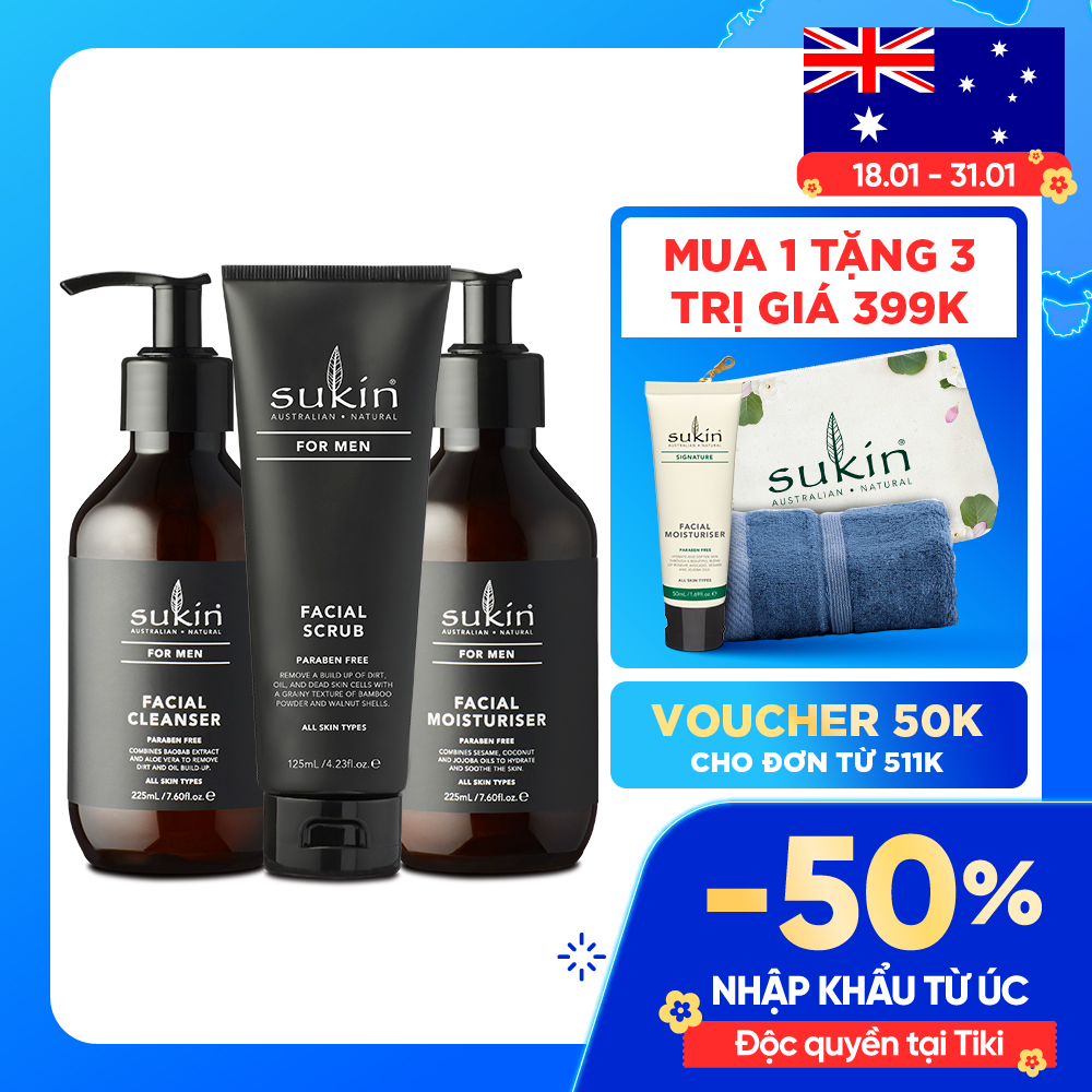 Bộ Dưỡng Da Toàn Diện Cho Nam 1 Sữa Rửa Mặt For Men Cleanser 225ML &amp; 1 Kem Dưỡng For Men Moisturiser 225ML &amp; 1 Kem Tẩy Tế Bào Chết For Men Facial Scrub 125ML