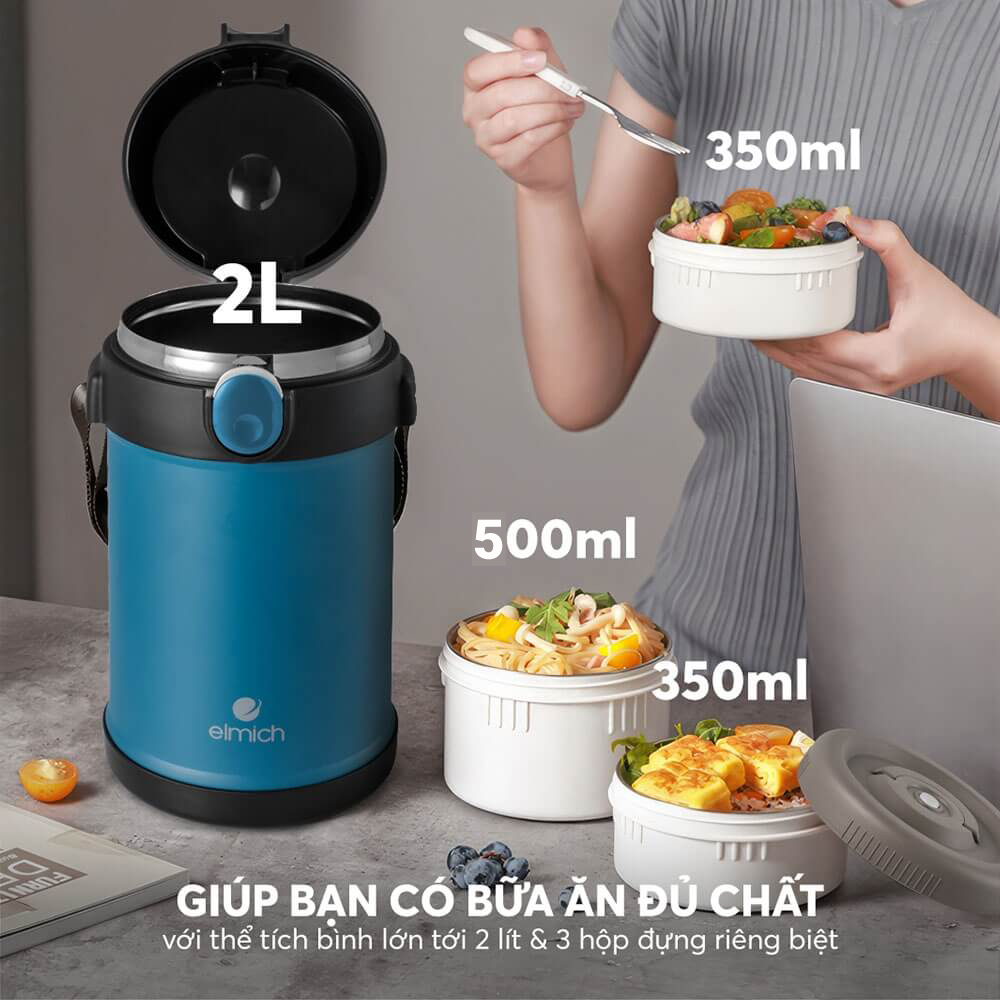 Hộp cơm giữ nhiệt inox 304 Elmich EL8303 2L, Hàng chính hãng, gồm 3 hộp, có túi đựng - JoyMall