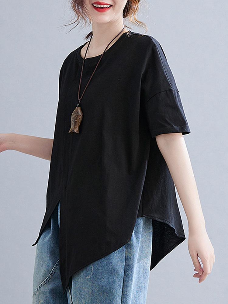 Fashion Women Solid Color T-shirt O Neck Short Sleeve Splicing Irregular Hem Loose Casual Shirt Top