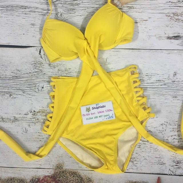 Set bikini vàng cạp cao