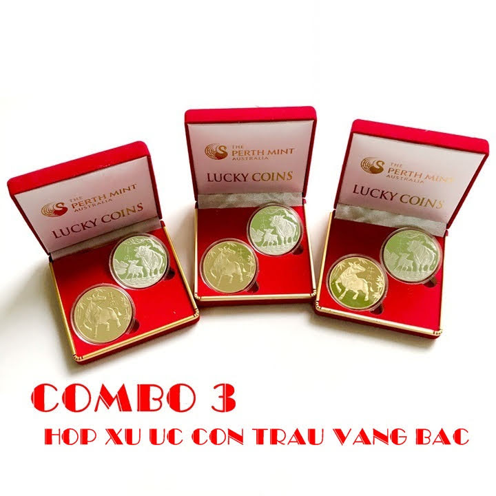 Combo 3 hộp nhung đựng xu con Trâu Úc màu vàng và bạc, vật phẩm phong thủy cầu may mắn, dùng trưng bày bàn sách, mang theo trong túi, làm quà tặng, tiền lì xì - TMT Collection - SP005119