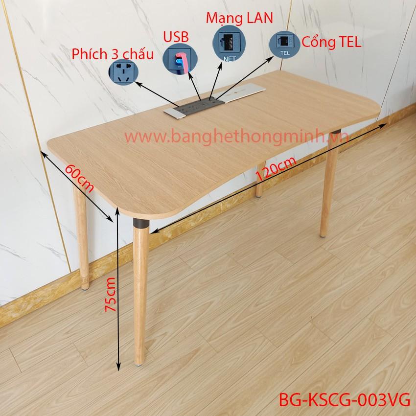 Bàn mặt gỗ MDF + chân gỗ cao su khung sắt X tích hợp sạc USB &amp; ổ cắm 220V