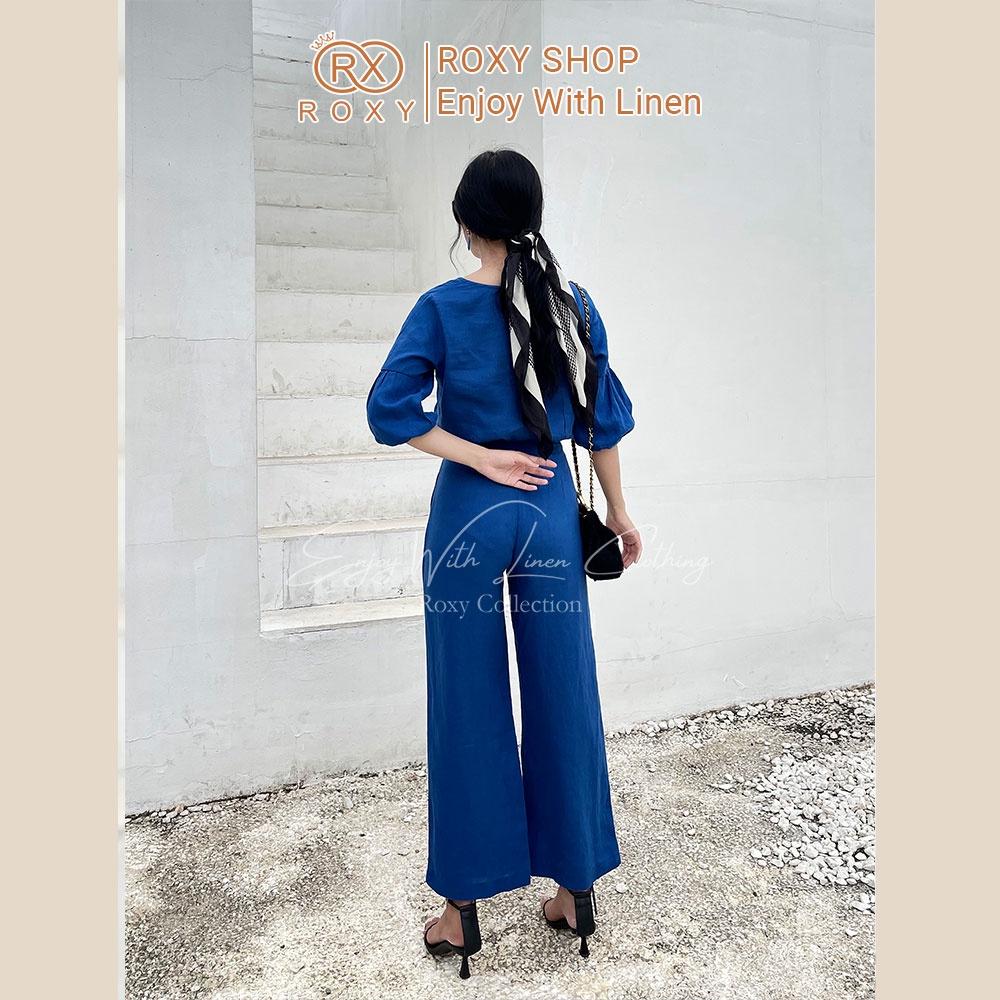 Set Bộ Linen Áo Tay Dài Cổ Tim Tay Dài Bo Chun Phối Quần Ống Suông