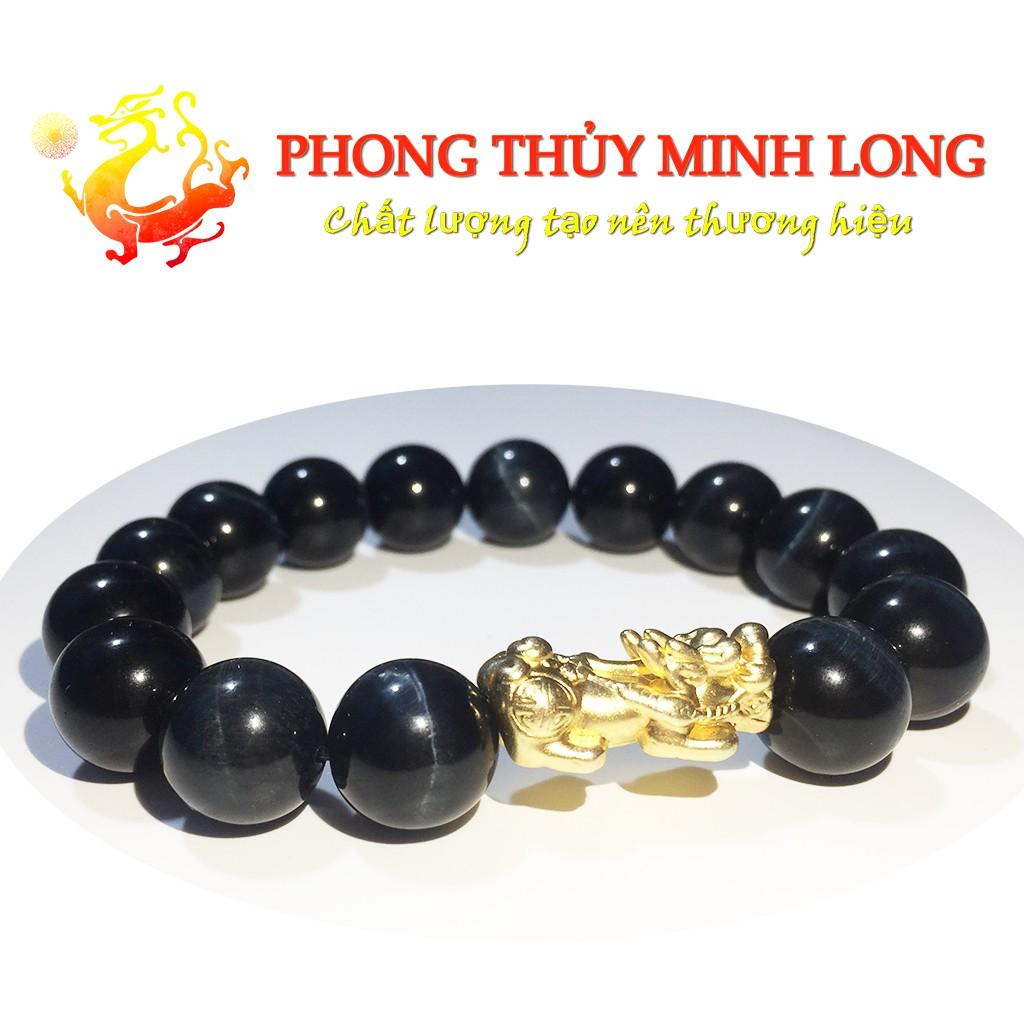 Vòng tay đá mắt hổ Chim Ưng xanh đen chất lượng 5A mix Tỳ Hưu Vàng hợp mệnh Thủy và Mộc