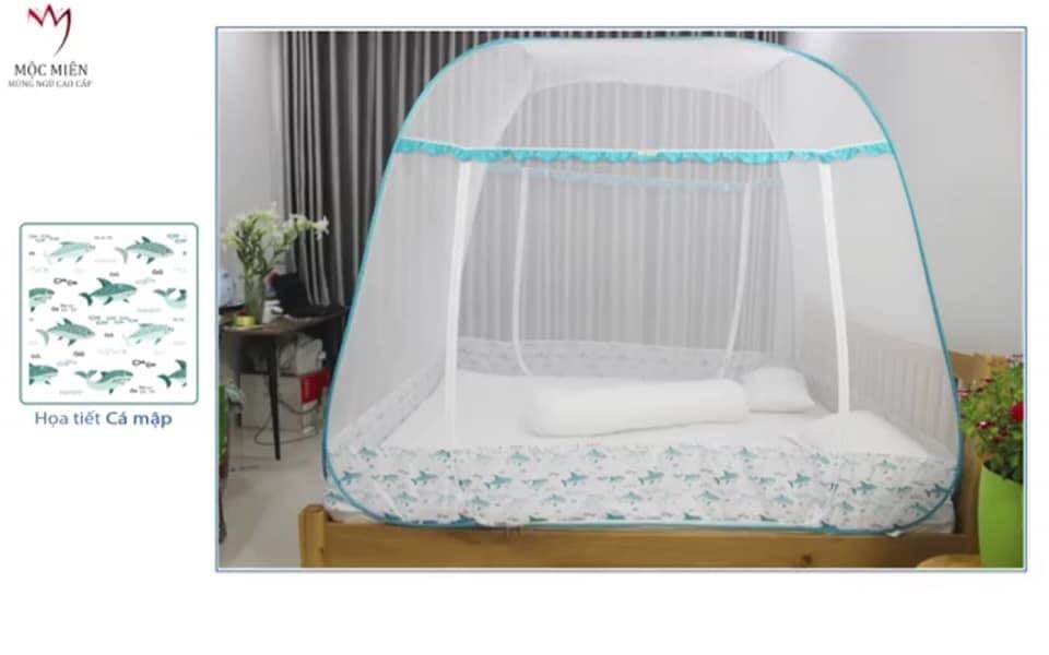 Màn chụp , Mùng chụp đỉnh rộng cao cấp Mộc Miên - Mẫu Xanh Cá Mập 2 Cửa