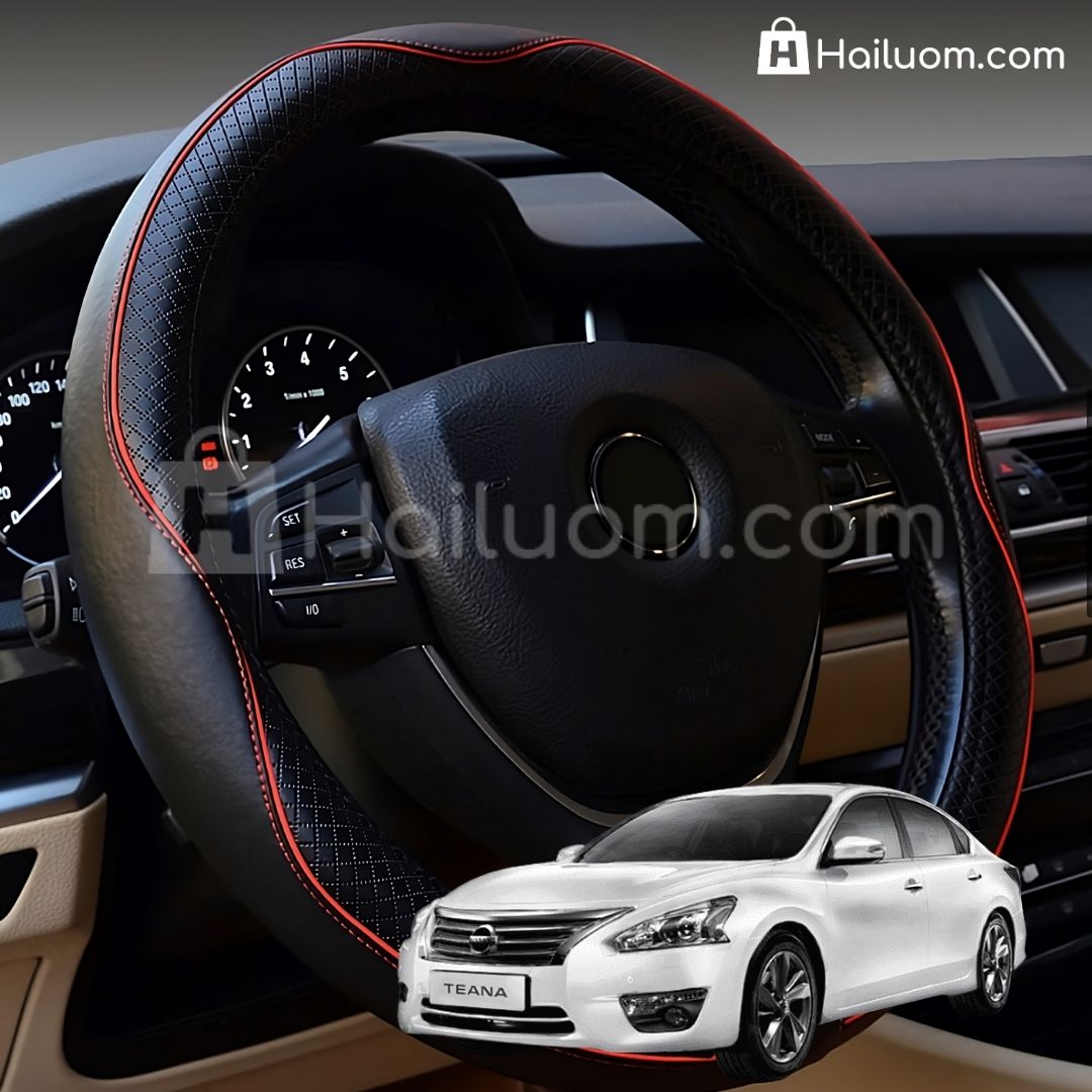 Bọc Vô Lăng ô tô cho NISSAN TEANA Da Thật Cao Cấp - Màu Đen Chỉ Đỏ