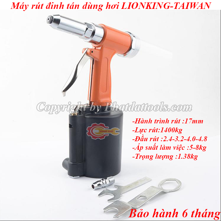 Máy rút đinh tán inox, nhôm dùng hơi LIONKING - Made in Taiwan - Bảo hành 6 tháng