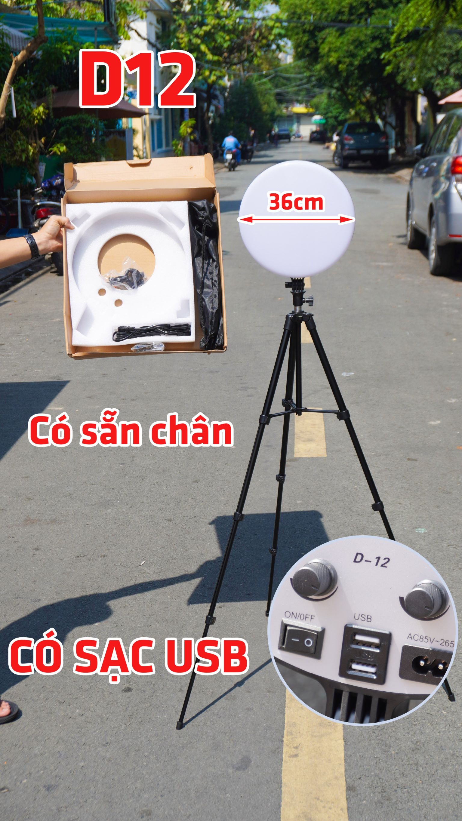 Đèn Studio D12 36cm - Đèn led chiếu sáng studio, chụp ảnh sản phẩm, quay phim, spa, livestream chuyên nghiệp - Photography light - Chân cao 1.5m - Độ sáng đến 6000K - Tích hợp cổng USB sạc điện thoại