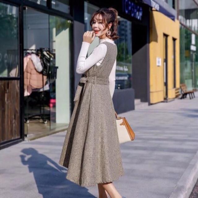 Y5195-chân váy yếm xoè phom dài hàng nhập cao cấp