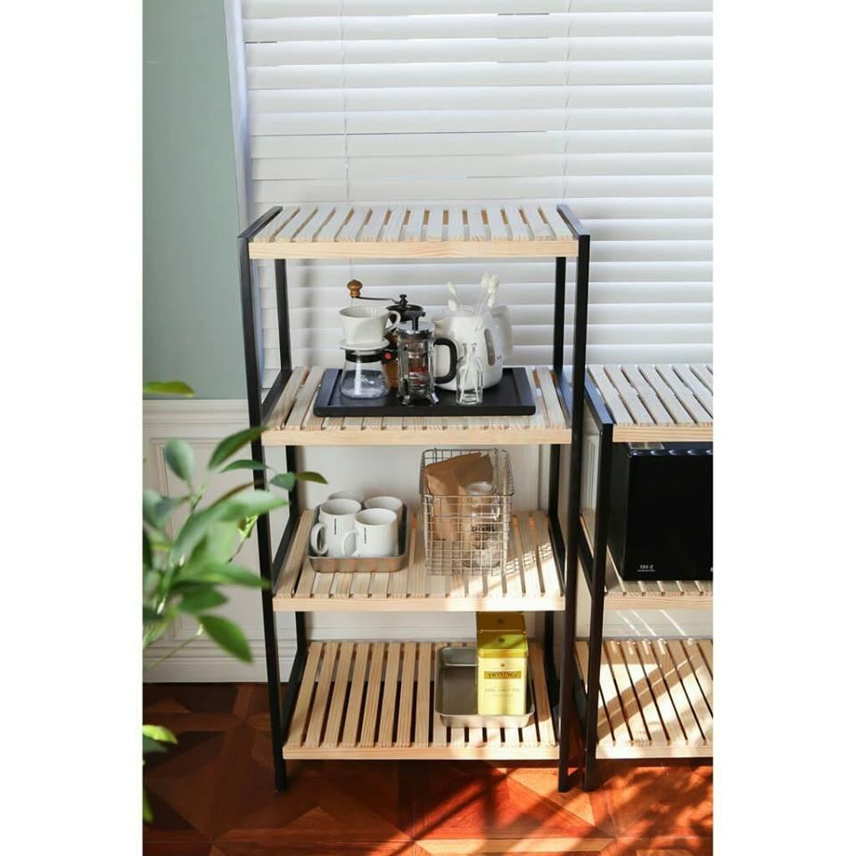 Kệ Gỗ 4 Tầng Để Lò Vi Sóng / Kệ Bếp Đa Năng - Phối Chân Sơn Đen