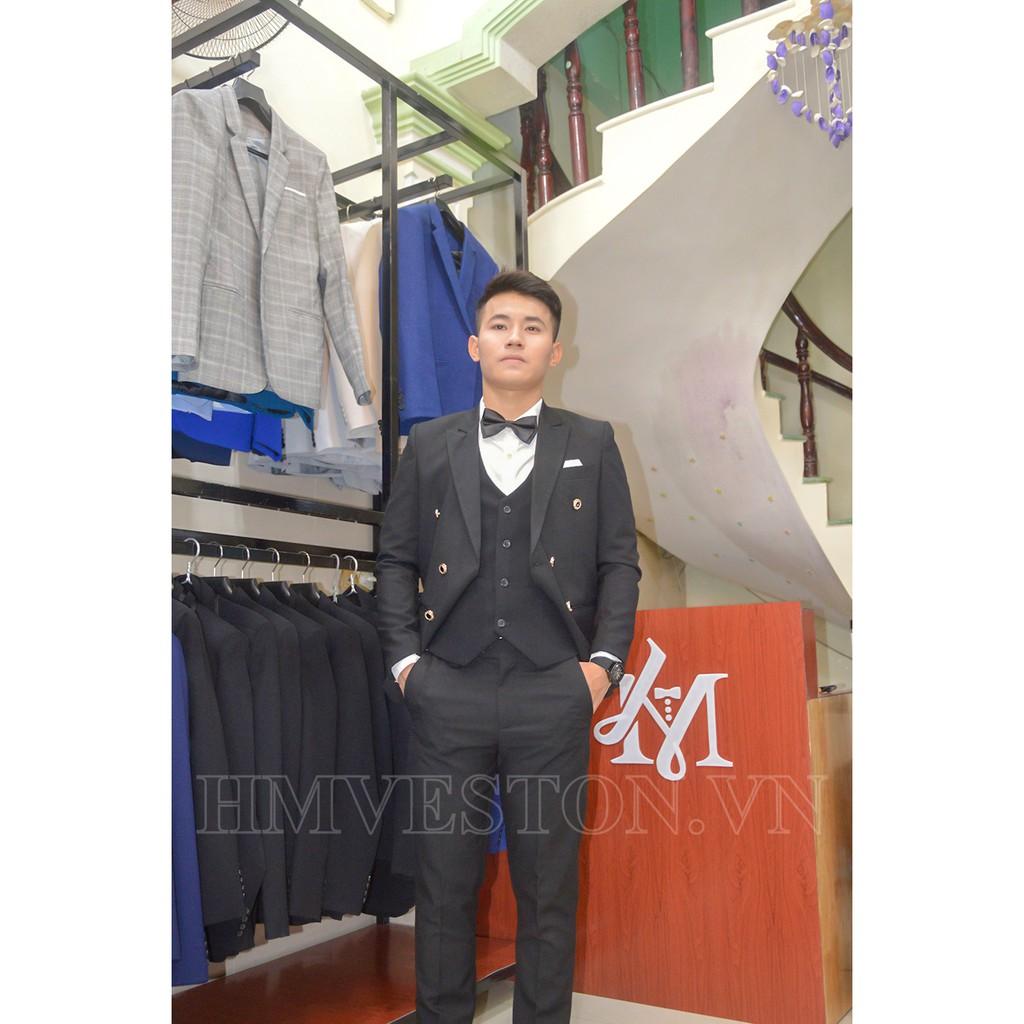 Bộ vest nam màu đen 6 nút + gile đen + combo phụ kiện