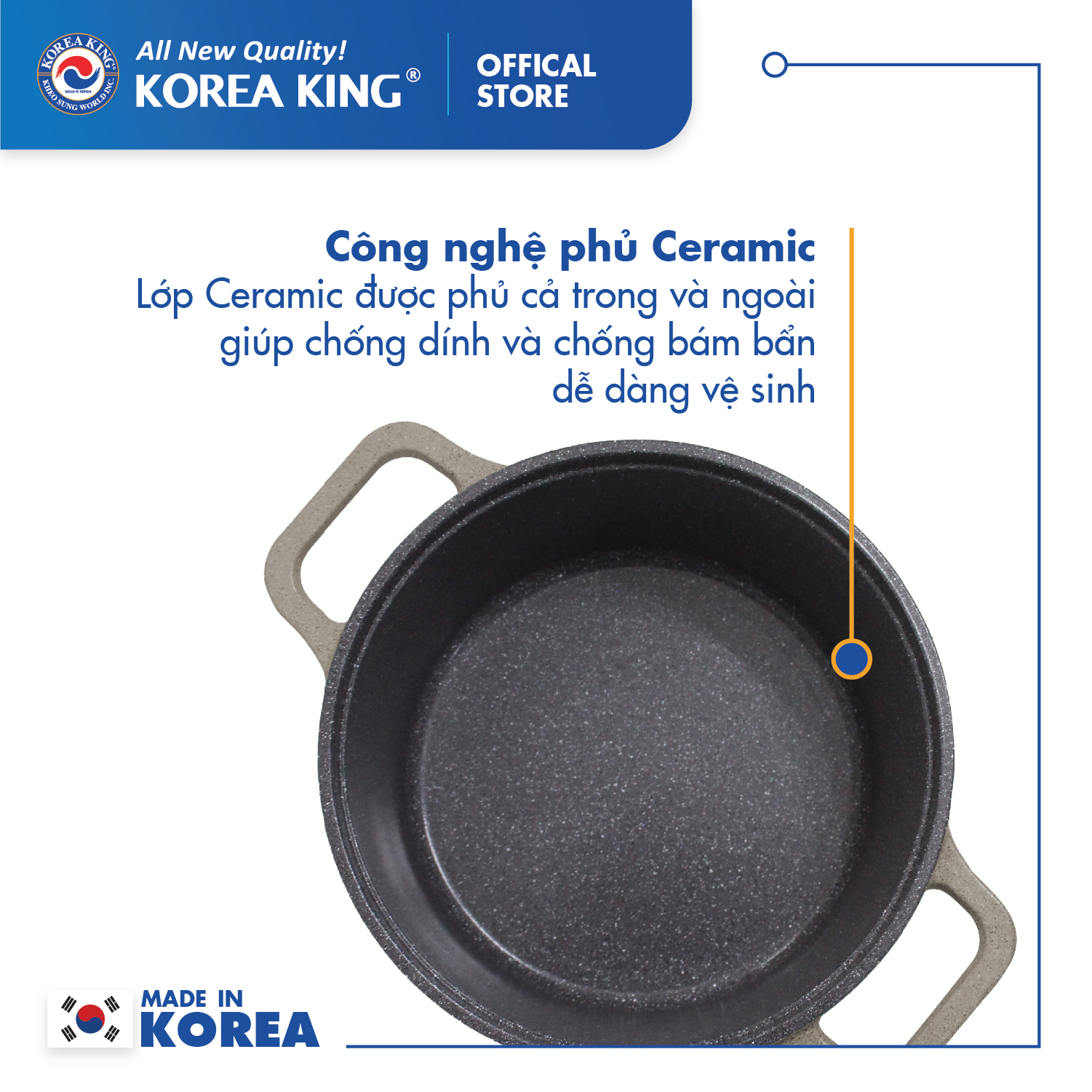 Nồi nấu Levante đáy từ Korea King KP-24LI(Nồi, nắp bằng nhôm đúc, phủ men chống dính Ceramic, Ø24cm)