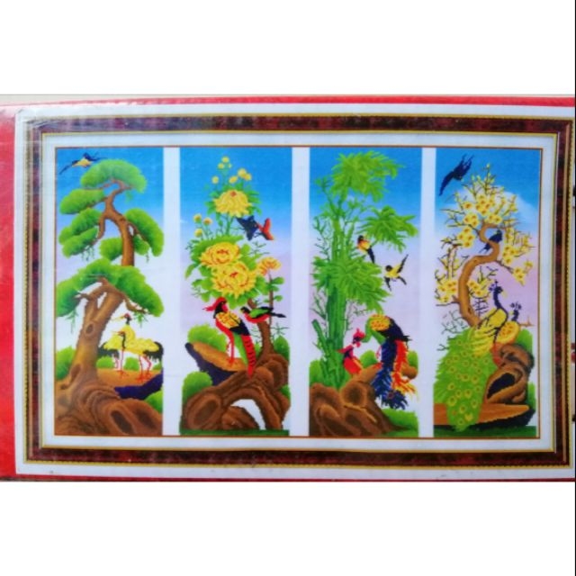 Tranh đính đá Tứ quý tùng cúc trúc mai - chưa đính