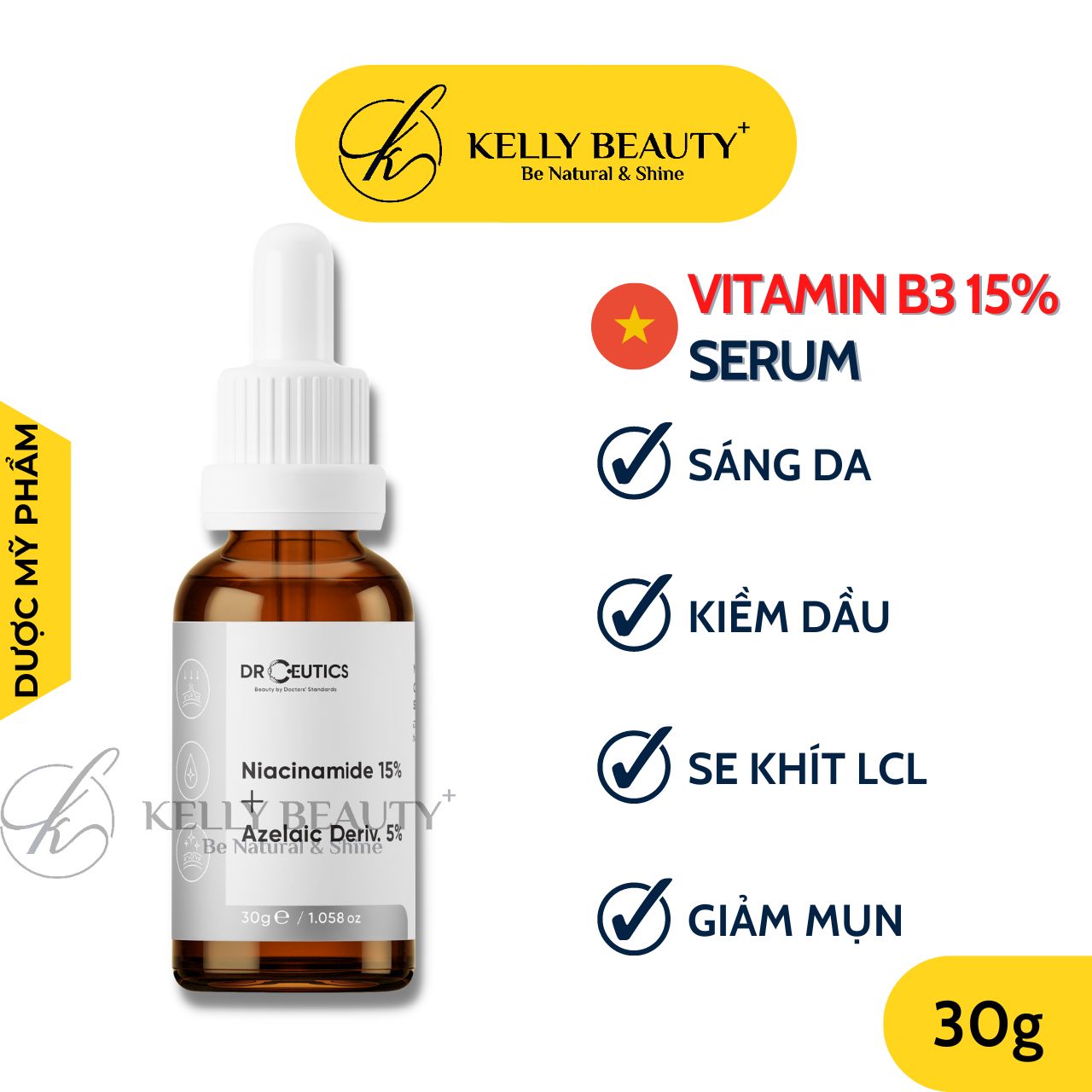 Serum Vitamin B3 15% DrCeutics - Ngừa Mụn, Làm Sáng, Mờ Thâm, Đều Màu Da; Se Lỗ Chân Lông - Niacinamide 15% + Azelaic 5%