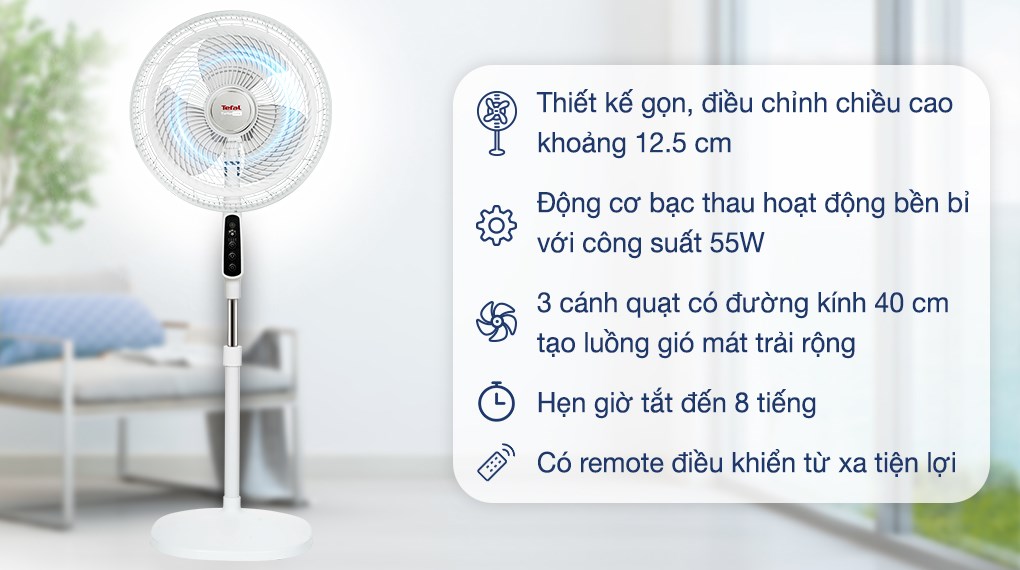 Quạt đứng Tefal VH659690 - Có Remote - Loại motor Bạc thau - 3 cánh quạt - Công suất 55W - Công nghệ Pháp - Hàng chính hãng