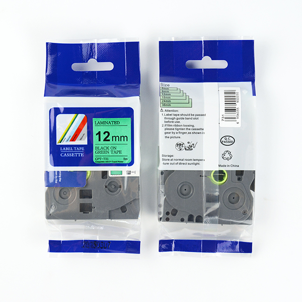Tape nhãn in tương thích CPT-731 dùng cho máy in nhãn Brother P-Touch (chữ đen nền xanh lá, 12mm)