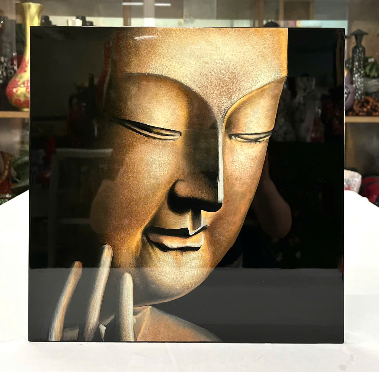 Tranh sơn mài vẽ tay Tượng Phật cao cấp Thanh Bình Lê size 38x38 cm treo tường, trang trí nhà cửa, văn phòng, quà tặng