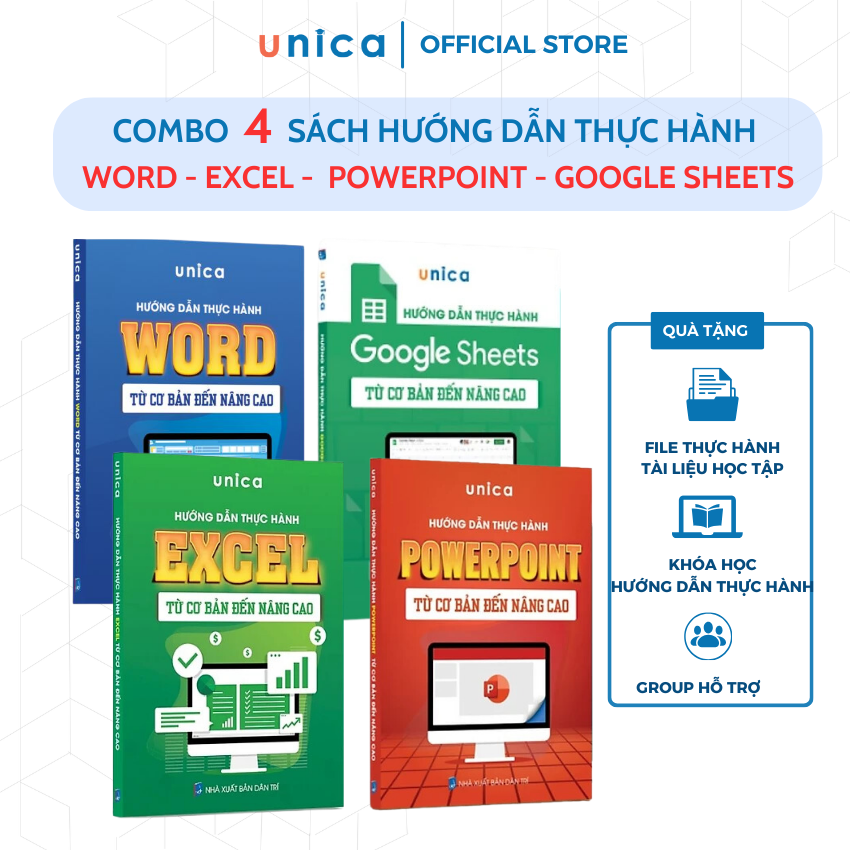 Combo 4 Sách Tin học văn phòng Unica Excel - Word - Powerpoint - Google sheet - Hướng dẫn thực hành từ cơ bản đến nâng cao, in màu chi tiết, TẶNG video bài giảng