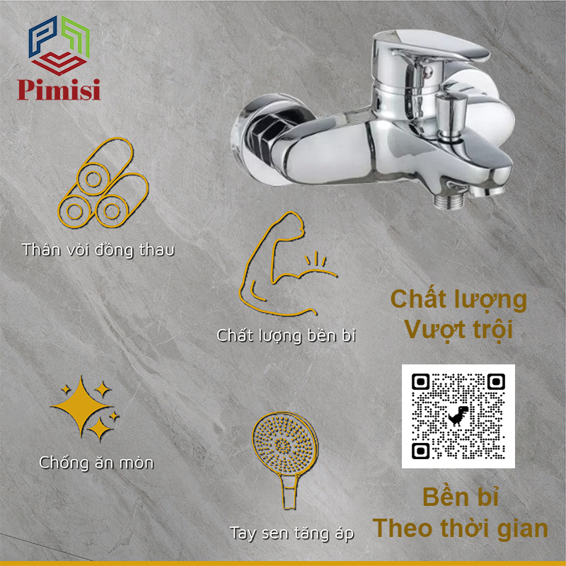 Sen Tắm Nóng Lạnh Pimisi PS-203C Đồng Thau Mạ Crom - Niken Sáng Bóng, Đủ Phụ Kiện Vòi Hoa Sen Tăng Áp Nhẹ - Dây Sen Tắm Inox - Chân Chữ Z - Cài Tay Bát Sen, Điều Chỉnh Nước Bằng Củ Gật Gù Gắn Tường Nhà Tắm | Hàng Chính Hãng