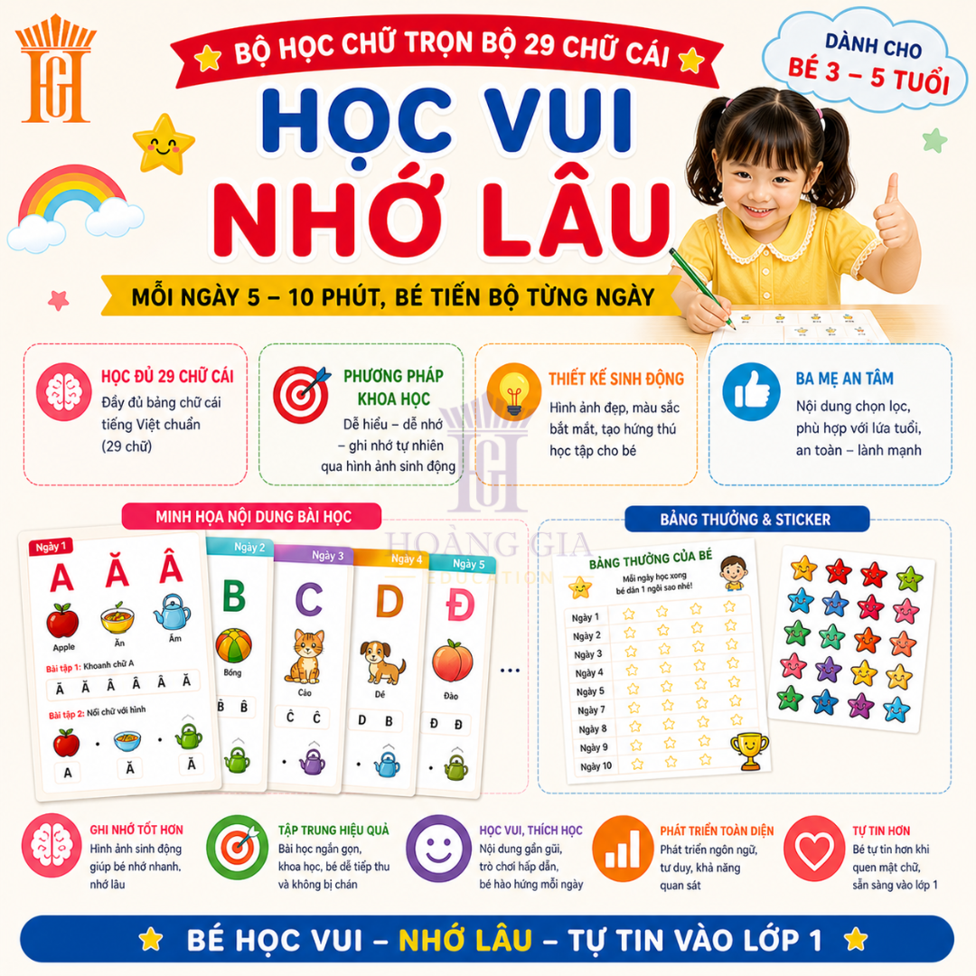 Bộ Học 29 Chữ Cái Cho Bé 3-5 Tuổi | Học Vui Không Áp Lực A4/A5 Có Ảnh Bé - Hoàng Gia Edu