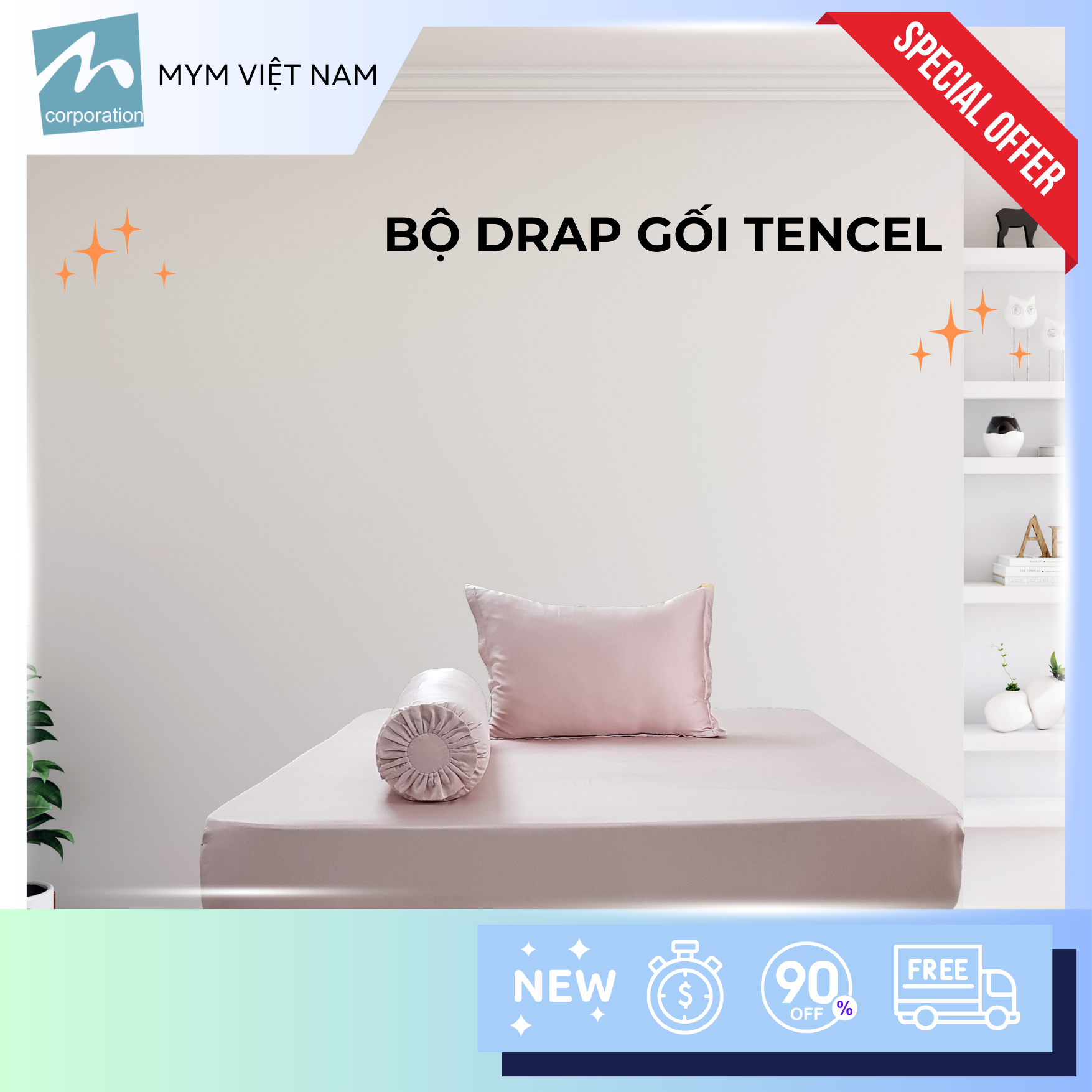 Bộ drap gối MYM Tencel màu (Set 1 vỏ gối nằm, 1 vỏ gối ôm, 1 ga chun) - 120CM x 200CM x 30CM