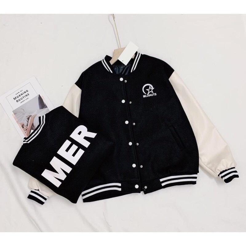 Áo khoác bomber chất dạ lì unisex thêu chữ Mer chất dạ ép 2 lớp dày ulzzang