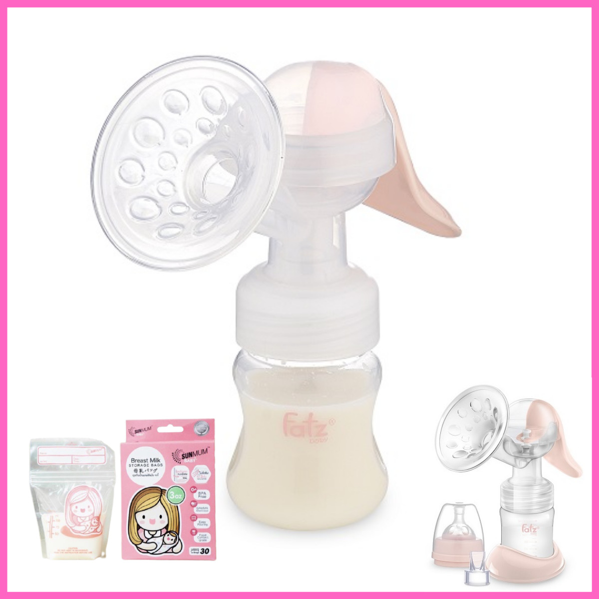 MÁY HÚT SỮA CẦM TAY FATZBABY HANDY 2 (CÓ 1 VAN THAY THẾ) + KÈM HỘP 30 TÚI  ĐỰNG SỮA SUNMUM 100ML HỒNG