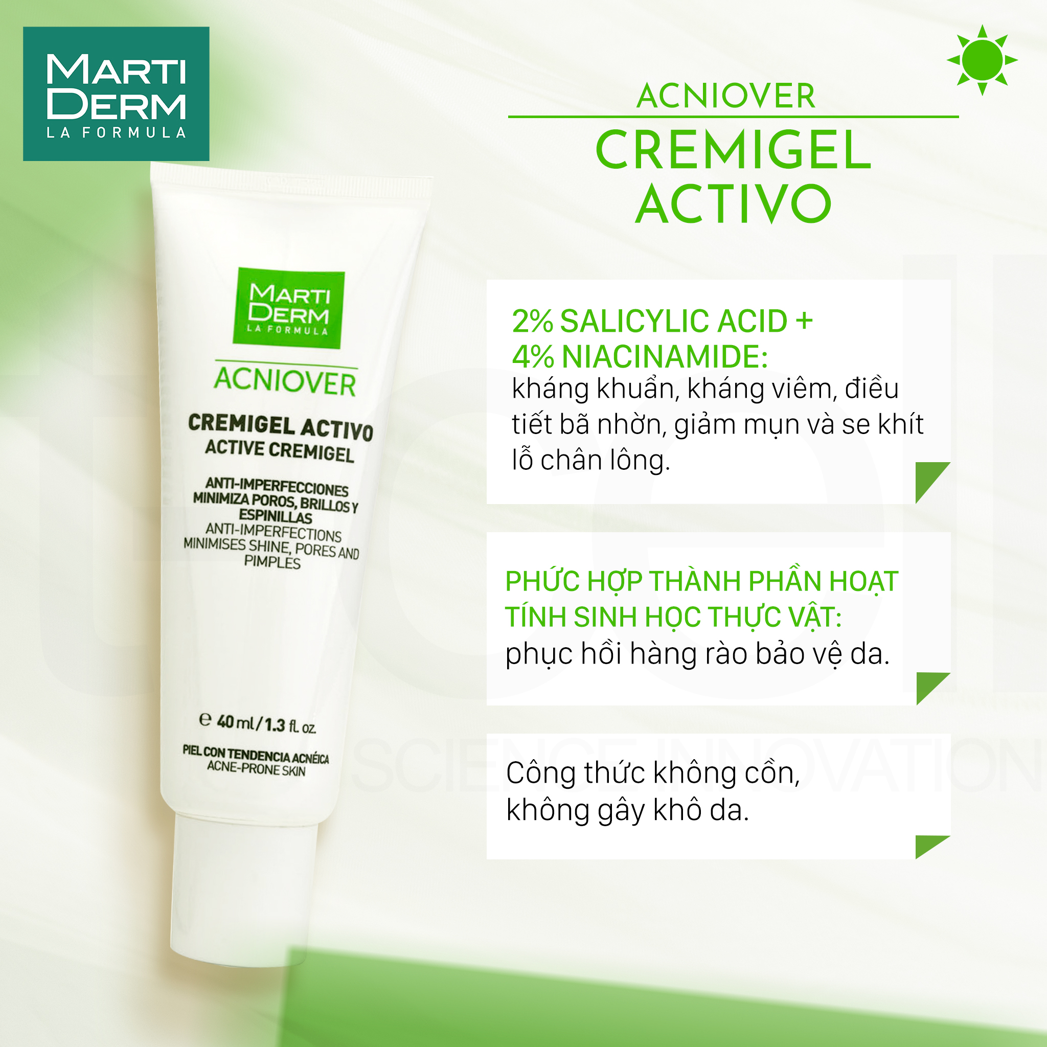 Kem Dưỡng Giảm Nhờn, Mụn & Se Lỗ Chân Lông - MartiDerm Acniover Active Cremigel (40ml)