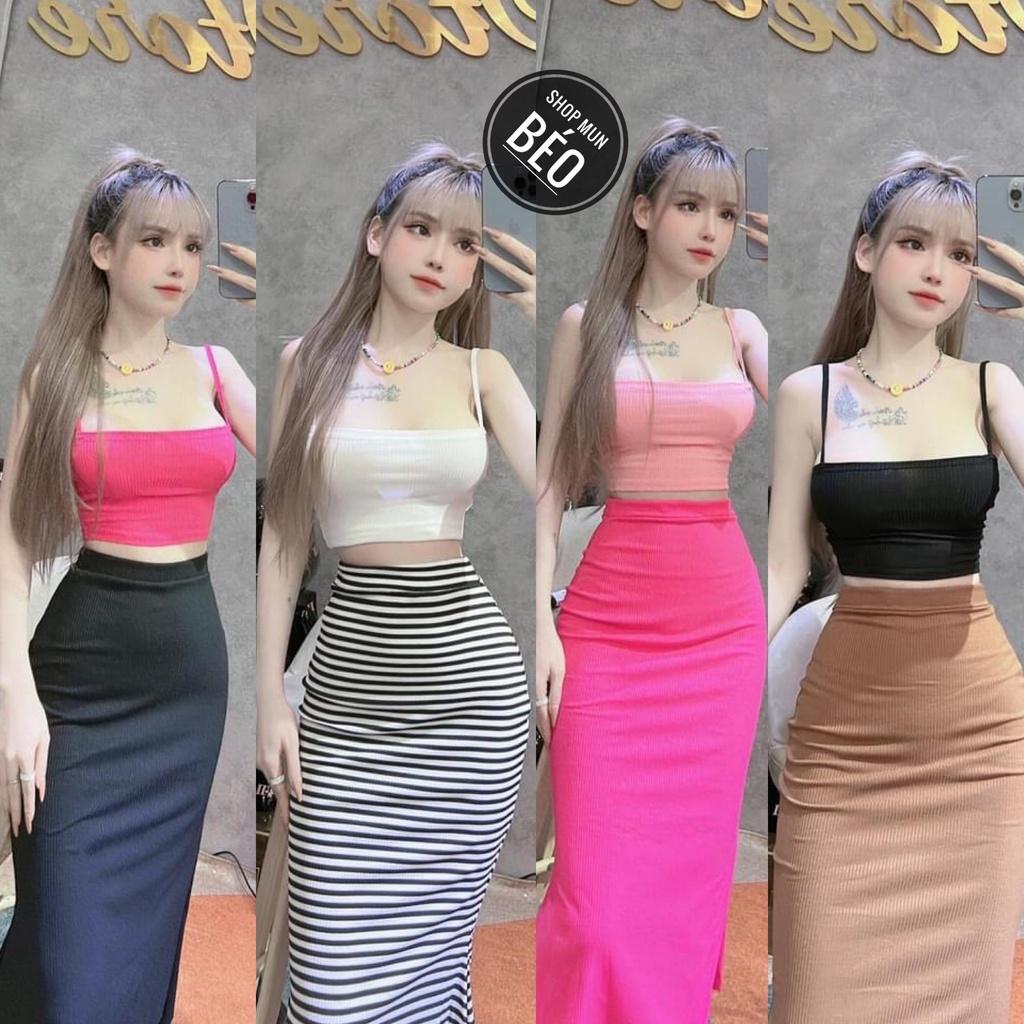 Set Chân Váy Dài Kèm Áo 2 Dây Chất Thun Gân Thích Hợp Mặc Đi Tiệc Đi Làm Đi Chơi