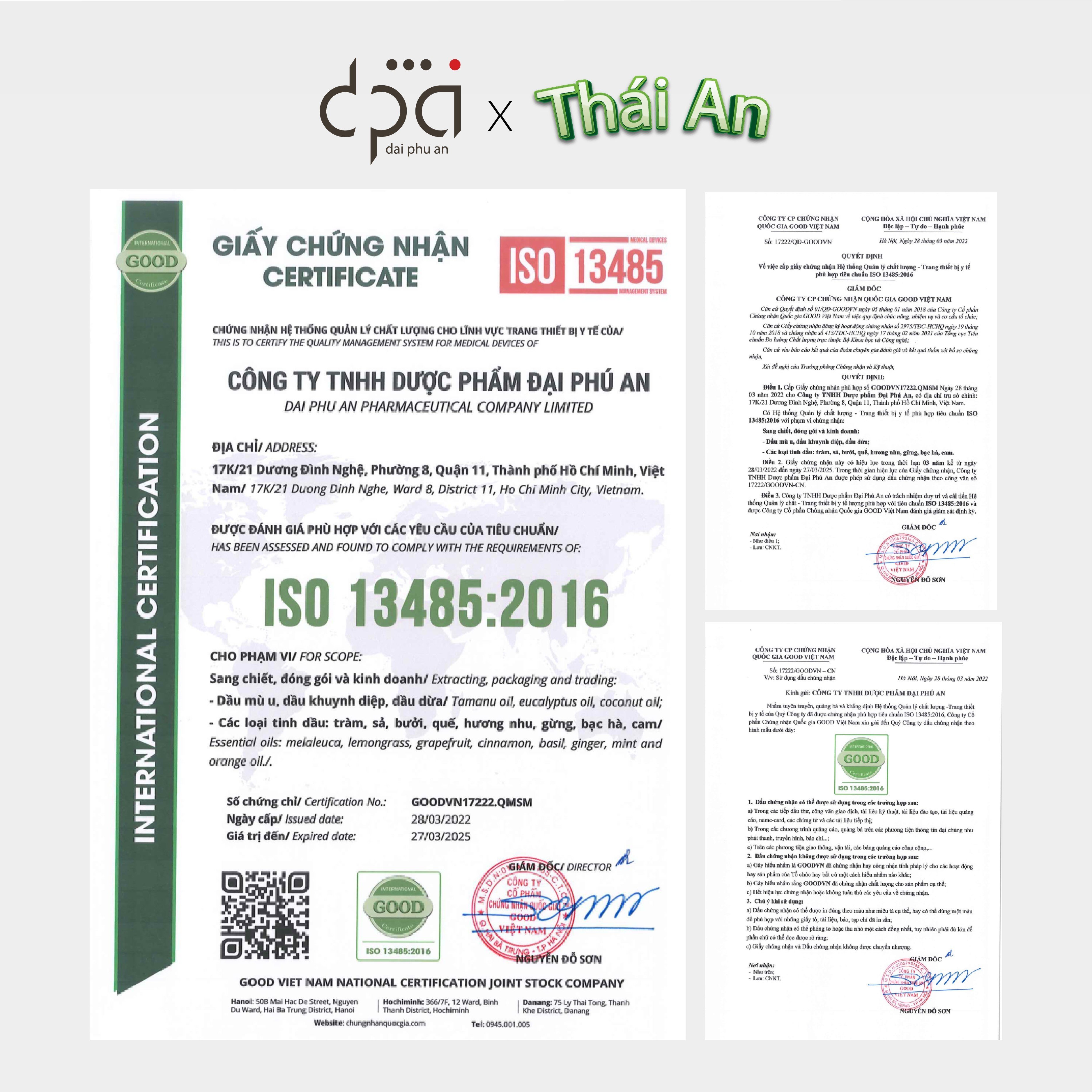 Dầu Mù U Thái An - Đạt chất lượng ISO toàn cầu 13485:2016 - Giảm Rạn Da, Lành Sẹo, Lành vết Bỏng, Đẹp Và Sáng Da