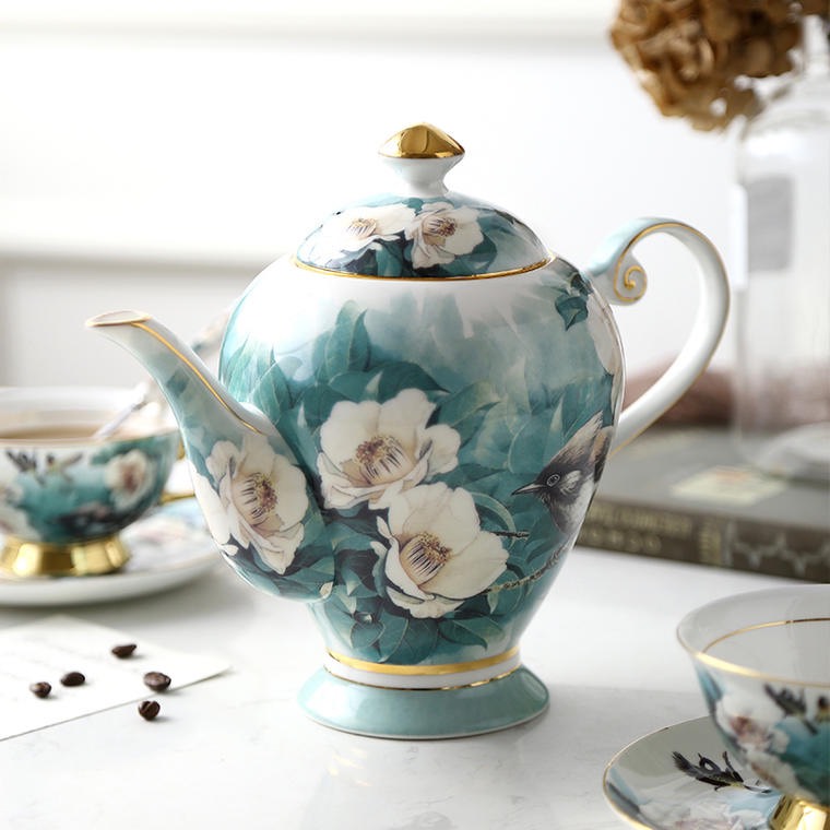 Bộ ấm và tách pha trà men sứ xương cao cấp họa tiết Chim xanh ngọc sang trọng đẳng cấp phong cách Châu Âu
