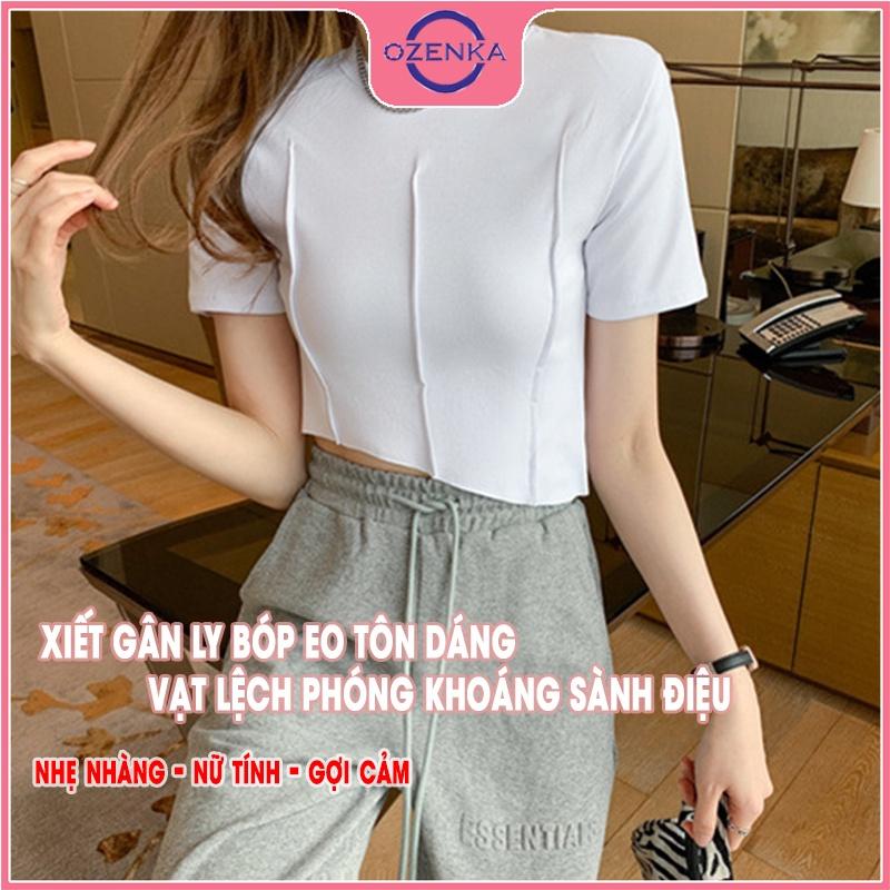 Áo croptop ngắn tay cổ tròn vạt lệch, áo crt nữ ôm body đẹp thun gân 100% cotton màu đen trắng dưới 50 cân