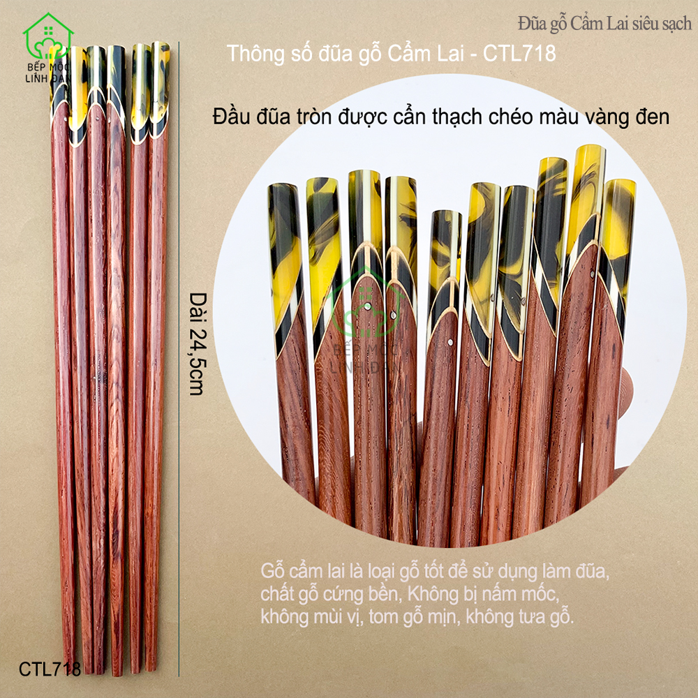 (5 Đôi) Đũa Gỗ Cẩm Lai Tự Nhiên - Đầu Cẩn Thạch Chéo Vân Vàng [CTL718-5]