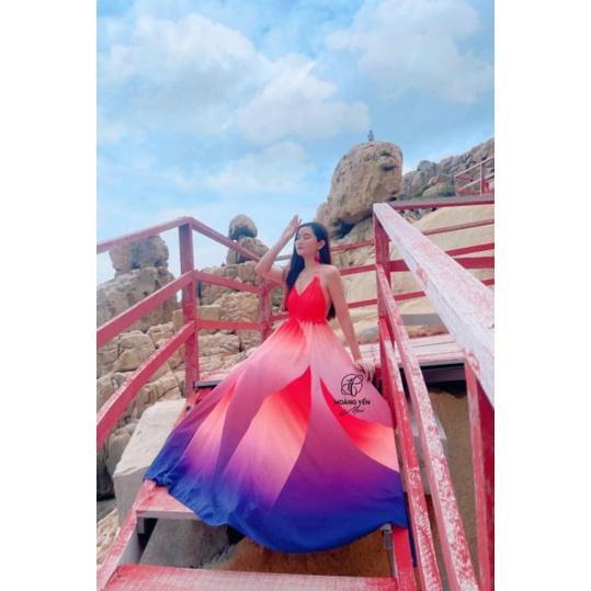 HOANGYEN - Edana dress đầm maxi hở lưng phối bèo đi biển, váy đi biển, du lịch
