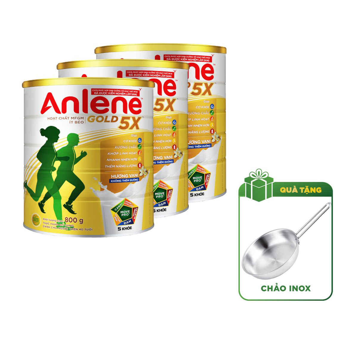 Combo 3 Sữa Bột Anlene Gold 5X Hương Vanilla (Hộp Thiếc 800g) - Tặng chảo inox