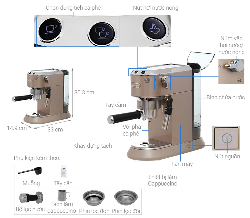 Máy pha cafe Delonghi EC785.BG - Dung tích 1.1 lít - Tự động ngắt khi pha xong - Thương hiệu Ý - Công suất 1350W - Hàng chính hãng