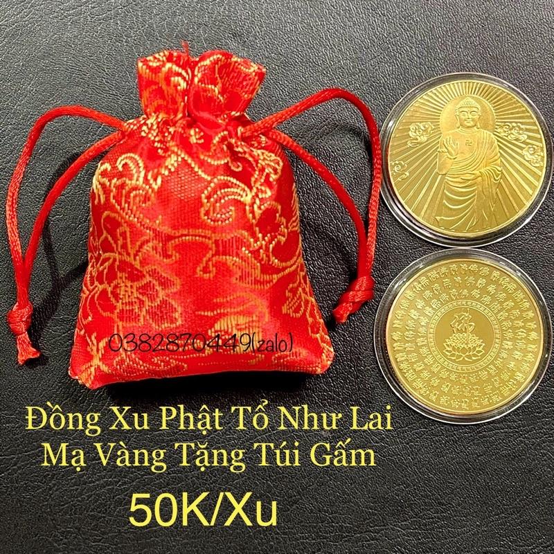 Đồng Xu Hình Đức Phật, Phật Tổ Như Lai Mạ Vàng Tặng Túi Gấm