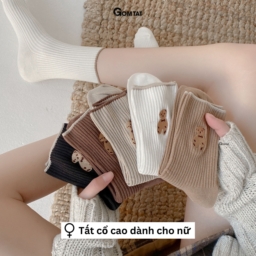 Set 5 đôi tất nữ cổ cao cao cấp hình gấu dễ thương, vớ nữ cao cổ chất liệu mềm mại thoáng mát - COCAO-HINHGAU