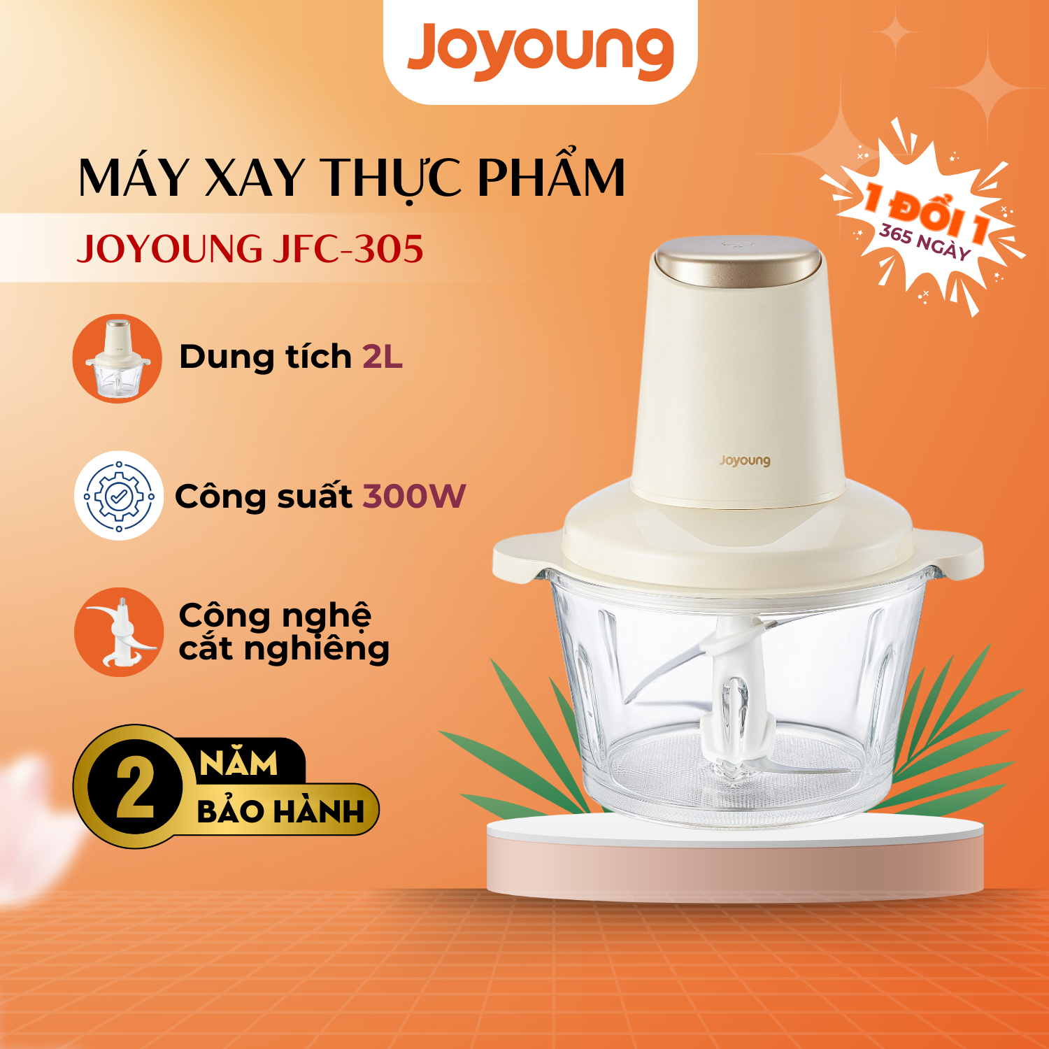 Máy xay thực phẩm đa năng Joyoung JFC-305 - Dung tích 2L, Công suất 300W, Công nghệ cắt nghiêng - Hàng chính hãng