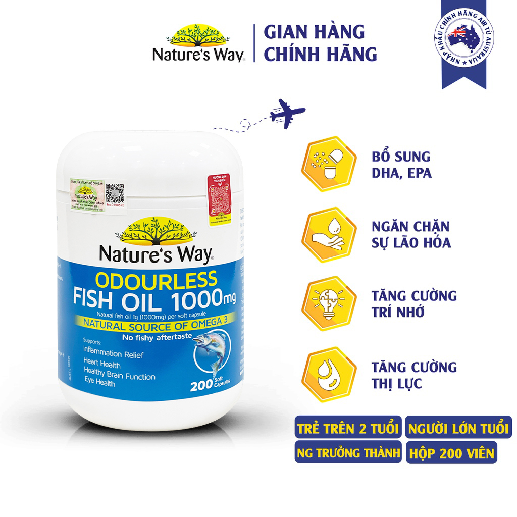 Viên Uống Dầu Cá Nature’s Way Odourless Fish Oil Tăng Cường Sức Khoẻ Tự Nhiên Không Mùi 1000mg 200 Viên